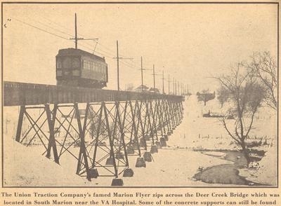 NEWSPAPER PHOTO FROM POSTCARD SHOWING INTERURBAN BRIDGE AT MARION INDIANA