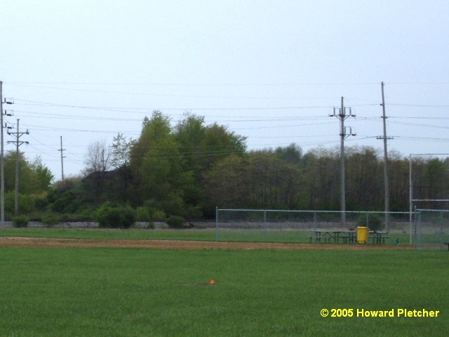 Hidden in the trees is a Winona bridge abutment with earthen embankment that carried the line over the Pennsylvania Railroad.  Howard Pletcher