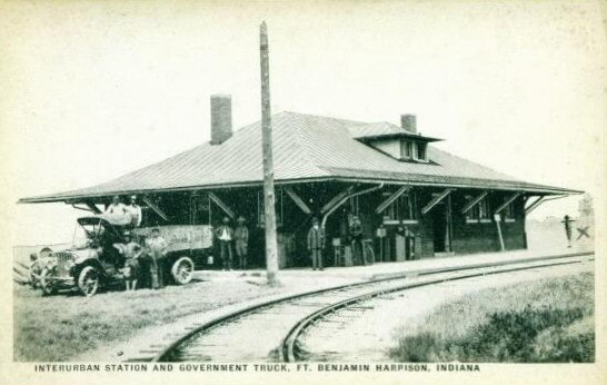 POSTCARD VIEW OF INTERURBAN DEPOT AT FT BENJAMIN HARRISON